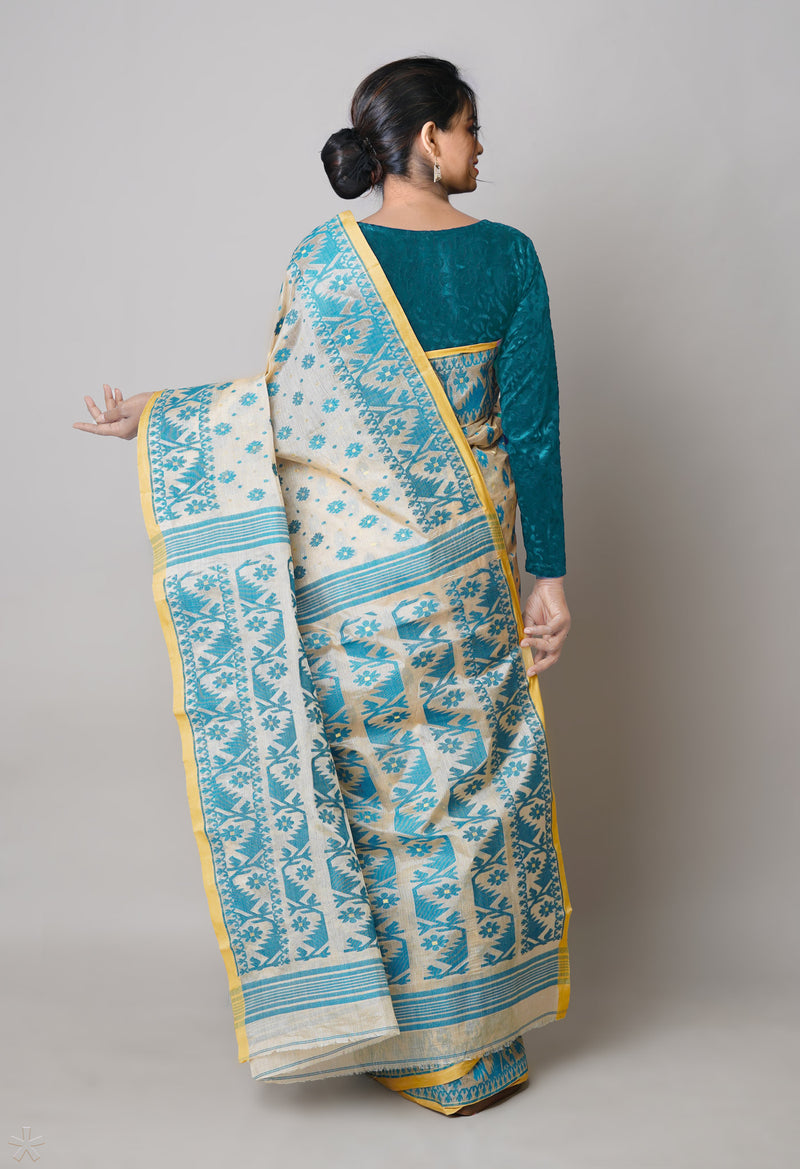 Cream Pure Handloom Tussar Jamdhani Bengal Cotton Saree-UNM73817