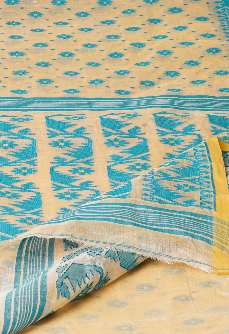 Cream Pure Handloom Tussar Jamdhani Bengal Cotton Saree-UNM73817