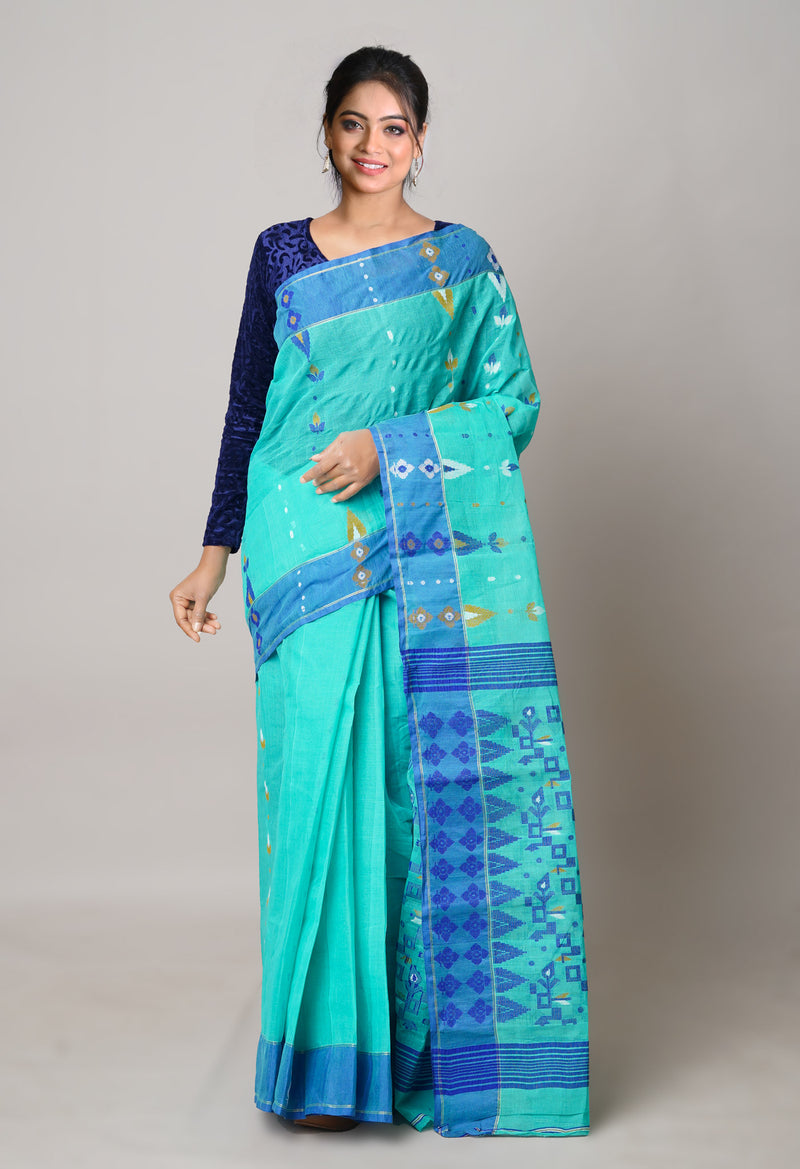 Green Pure Handloom Jamdhani Bengal Cotton Saree-UNM73819
