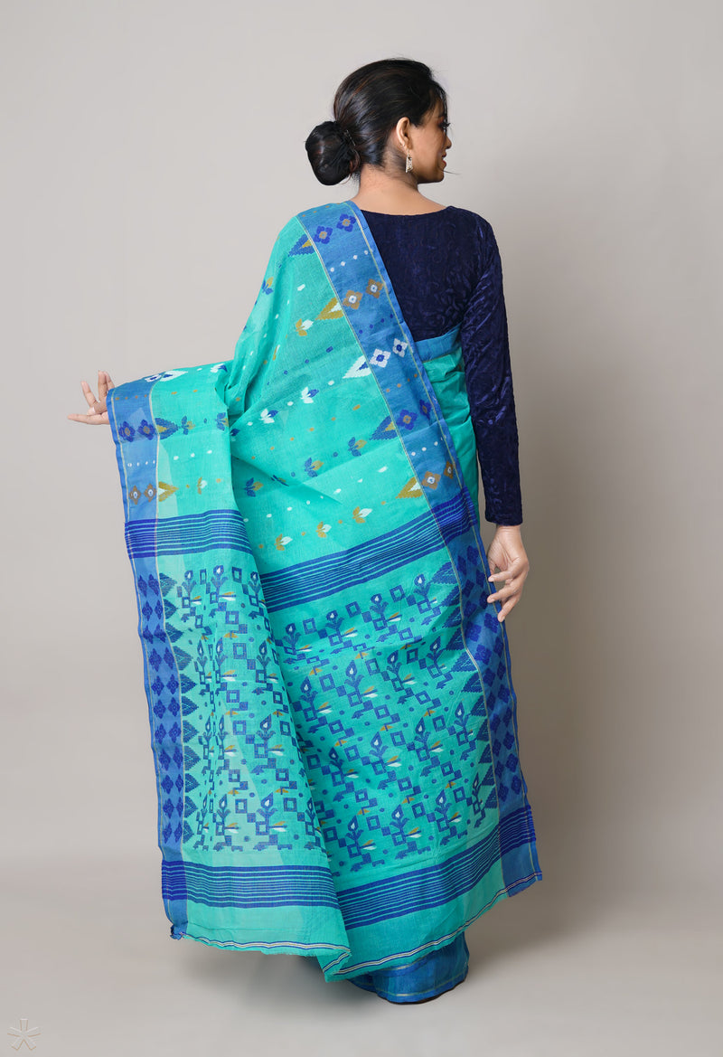 Green Pure Handloom Jamdhani Bengal Cotton Saree-UNM73819