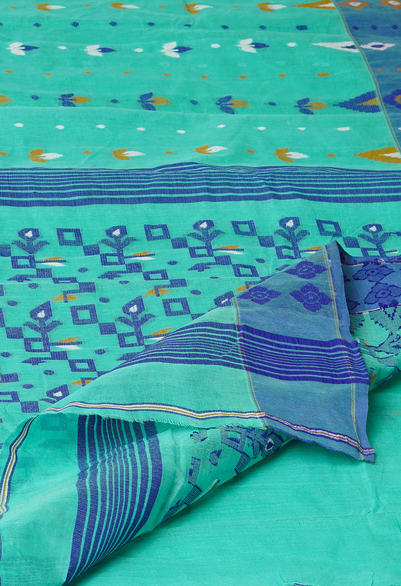 Green Pure Handloom Jamdhani Bengal Cotton Saree-UNM73819
