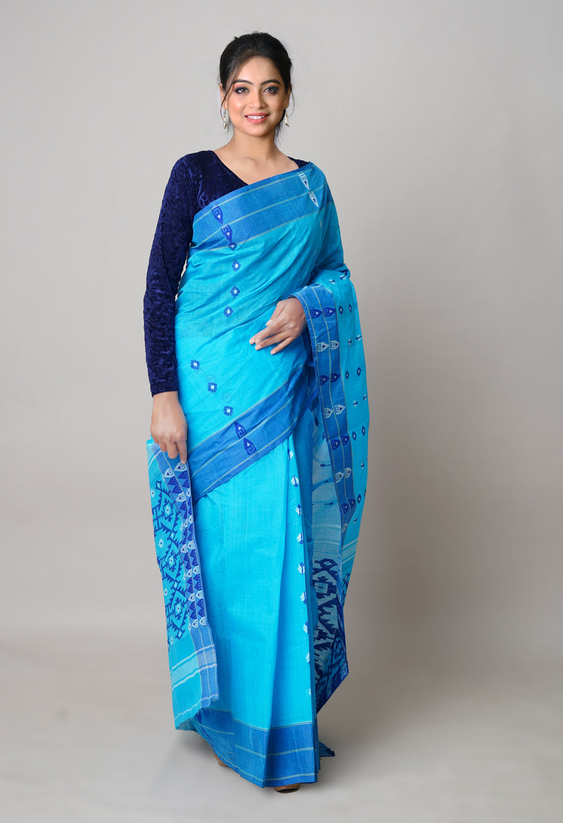 Blue Pure Handloom Jamdhani Bengal Cotton Saree-UNM73820