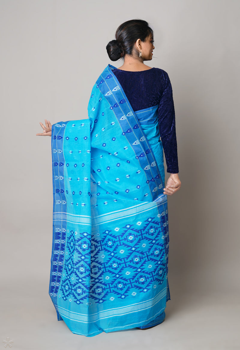 Blue Pure Handloom Jamdhani Bengal Cotton Saree-UNM73820