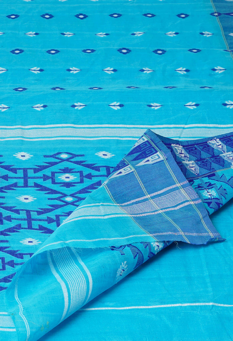 Blue Pure Handloom Jamdhani Bengal Cotton Saree-UNM73820