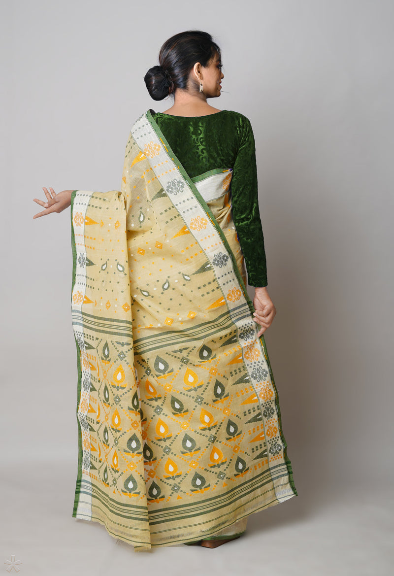Cream Pure Handloom Jamdhani Bengal Cotton Saree-UNM73821