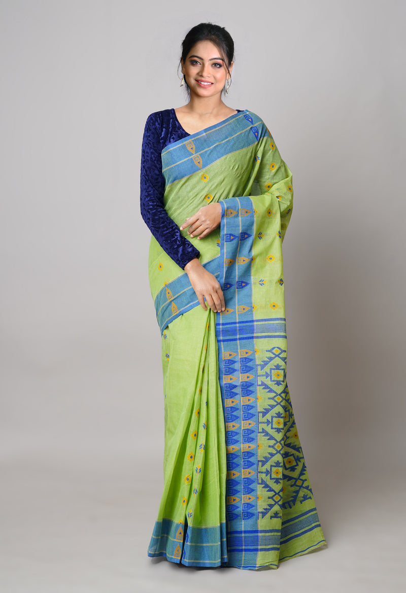 Green Pure Handloom Jamdhani Bengal Cotton Saree-UNM73822