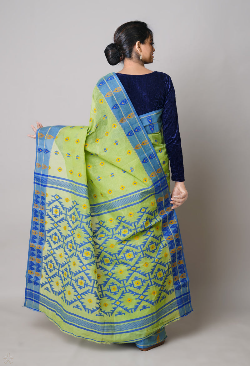 Green Pure Handloom Jamdhani Bengal Cotton Saree-UNM73822