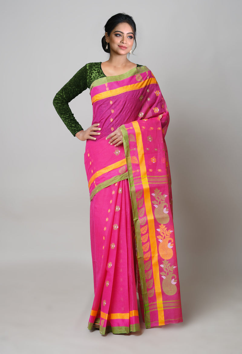 Pink Pure Handloom Jamdhani Bengal Cotton Saree-UNM73823