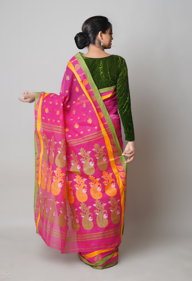 Pink Pure Handloom Jamdhani Bengal Cotton Saree-UNM73823