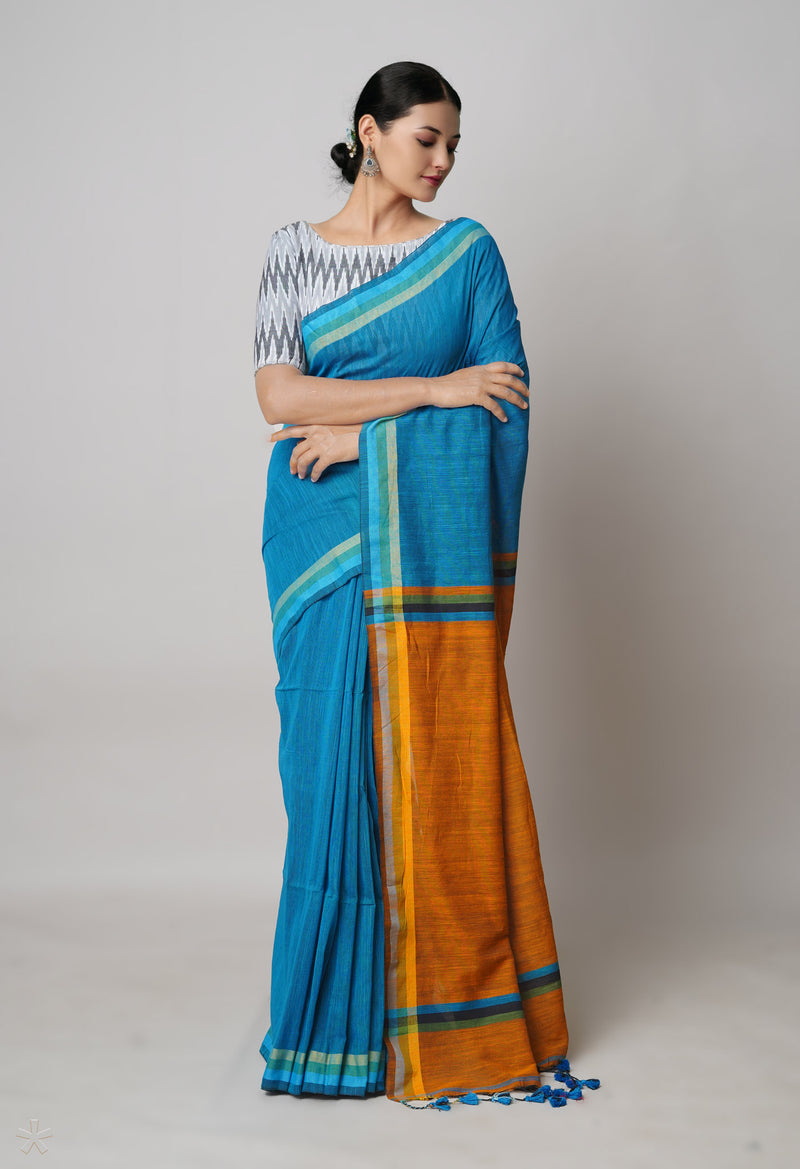Blue-Bronze Orange Pure  Plain Contrast Pallu Cotton  Linen Saree-UNM73824