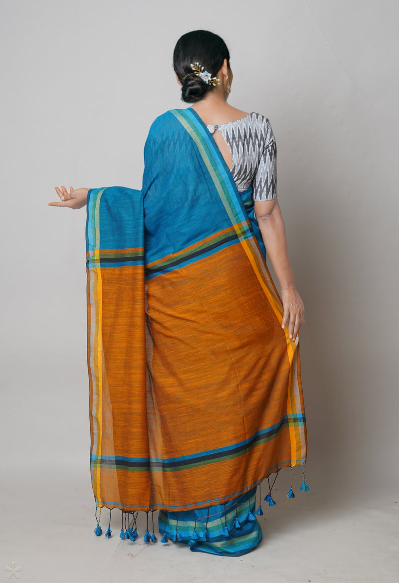 Blue-Bronze Orange Pure  Plain Contrast Pallu Cotton  Linen Saree-UNM73824