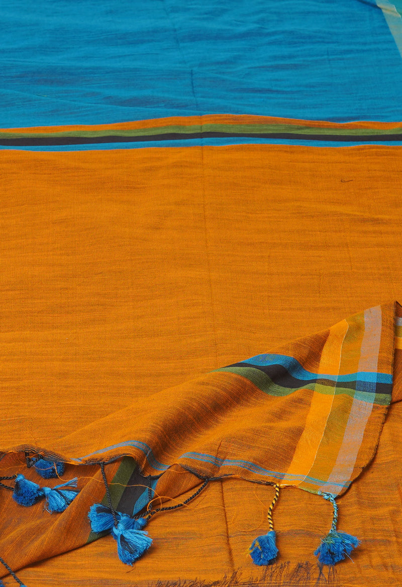 Blue-Bronze Orange Pure  Plain Contrast Pallu Cotton  Linen Saree-UNM73824