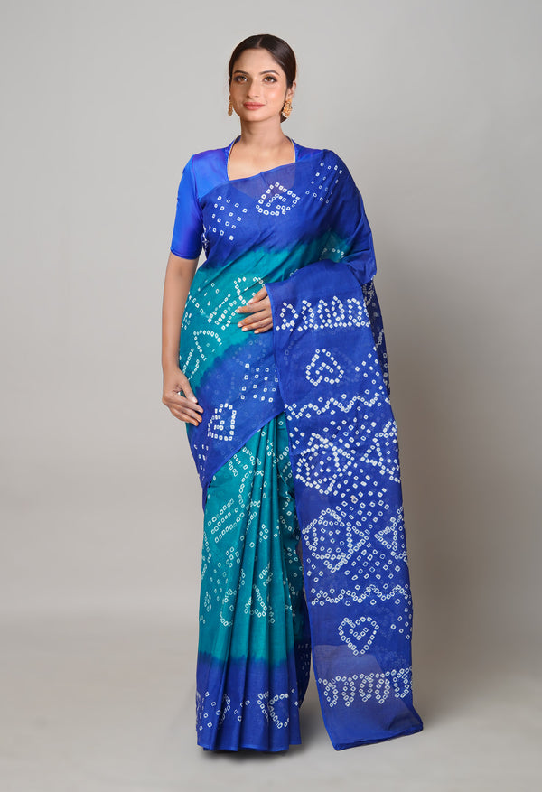 GreenDark Blue Pure  Bandhani Cotton Saree-UNM73828