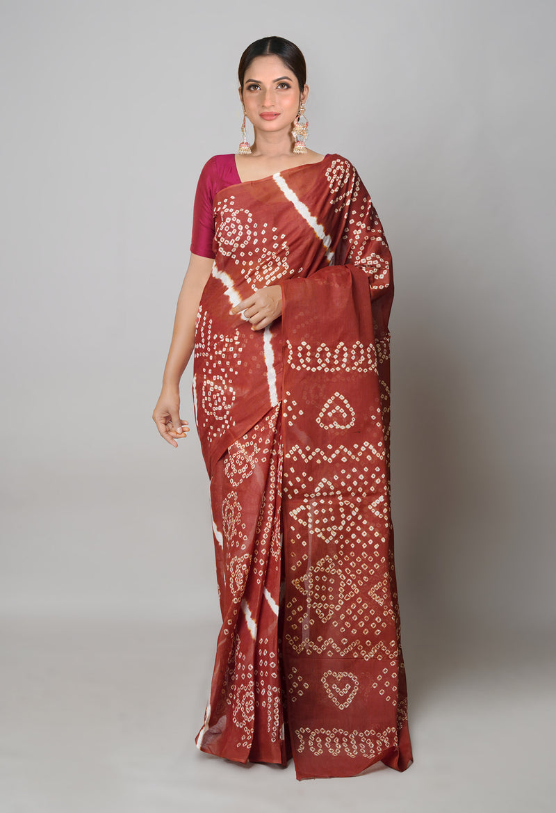 Chocolate Brown Pure  Bandhani Cotton Saree-UNM73829