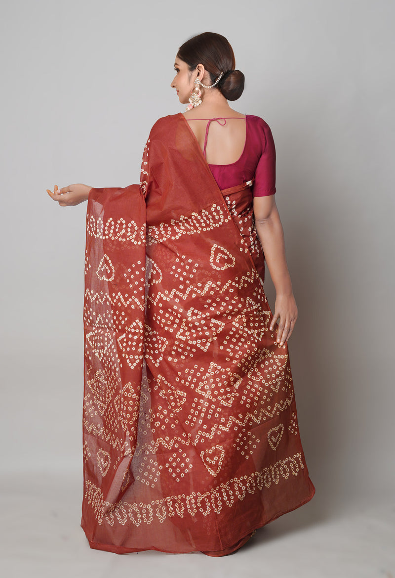 Chocolate Brown Pure  Bandhani Cotton Saree-UNM73829
