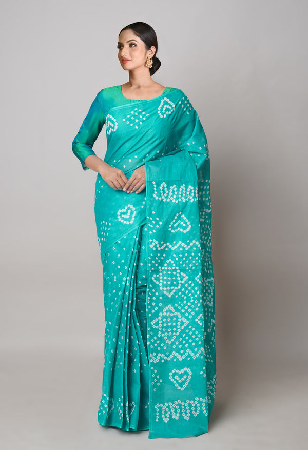 Green Pure  Bandhani Cotton Saree-UNM73830