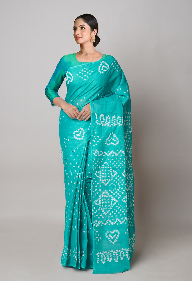 Green Pure  Bandhani Cotton Saree-UNM73830