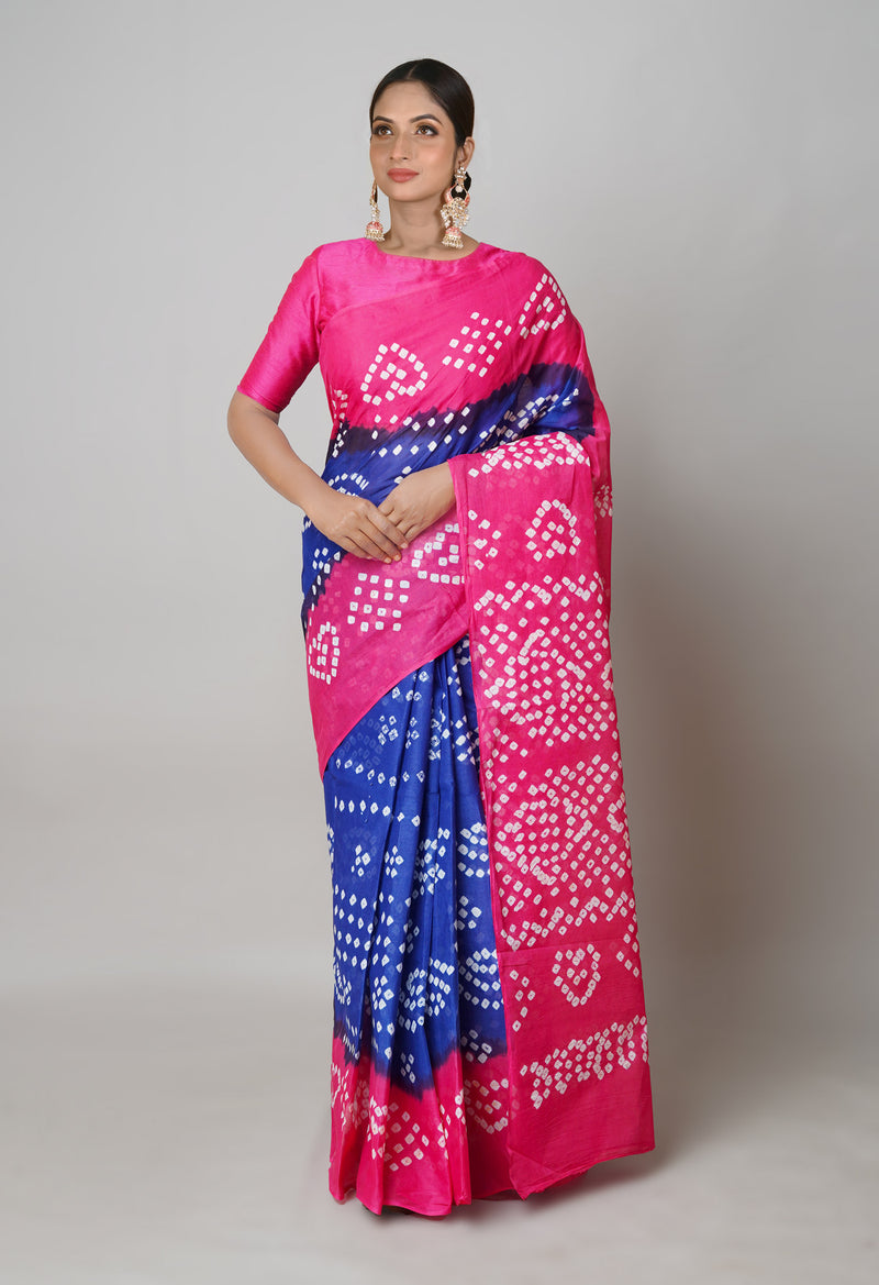 Dark Blue-Pink Pure  Bandhani Cotton Saree-UNM73831