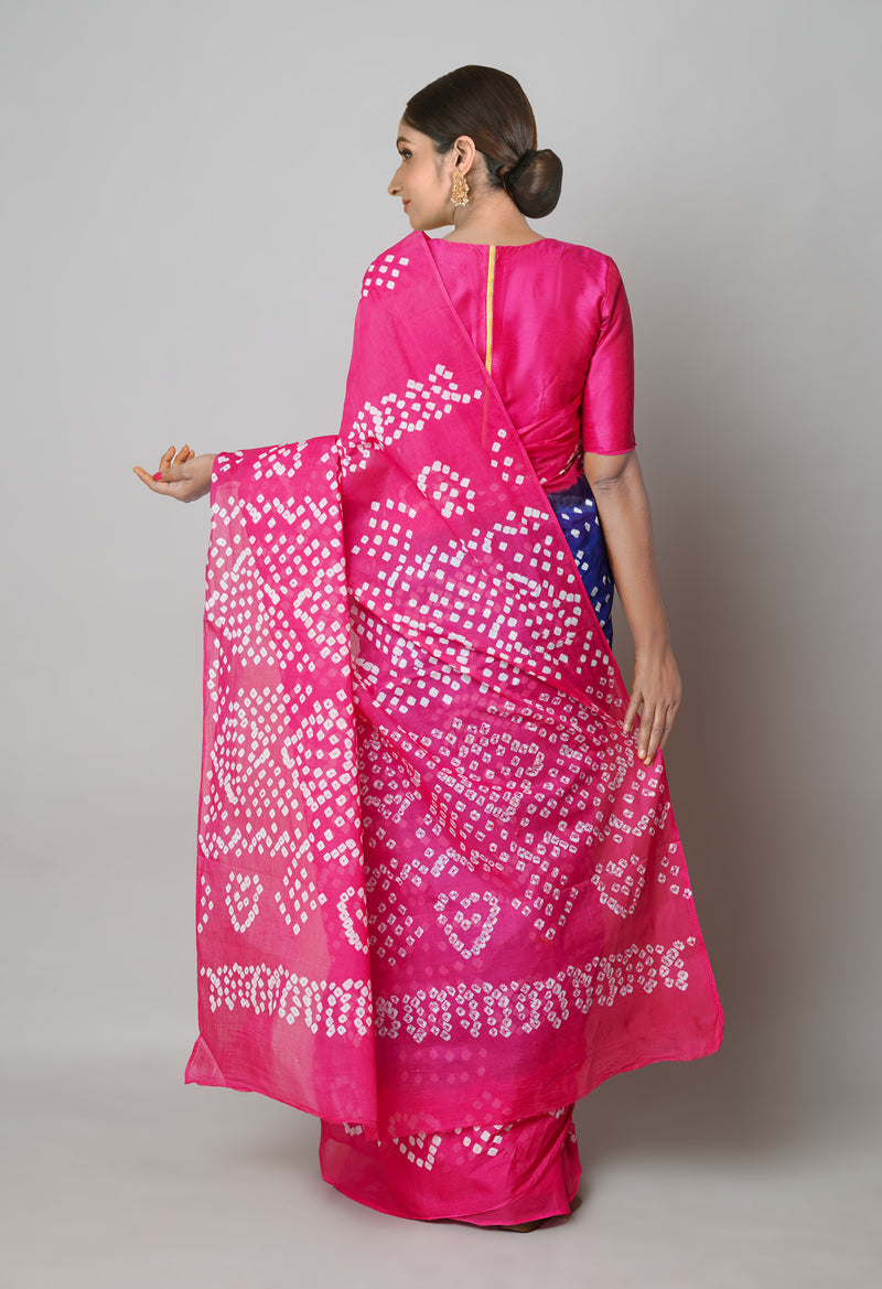 Dark Blue-Pink Pure  Bandhani Cotton Saree-UNM73831