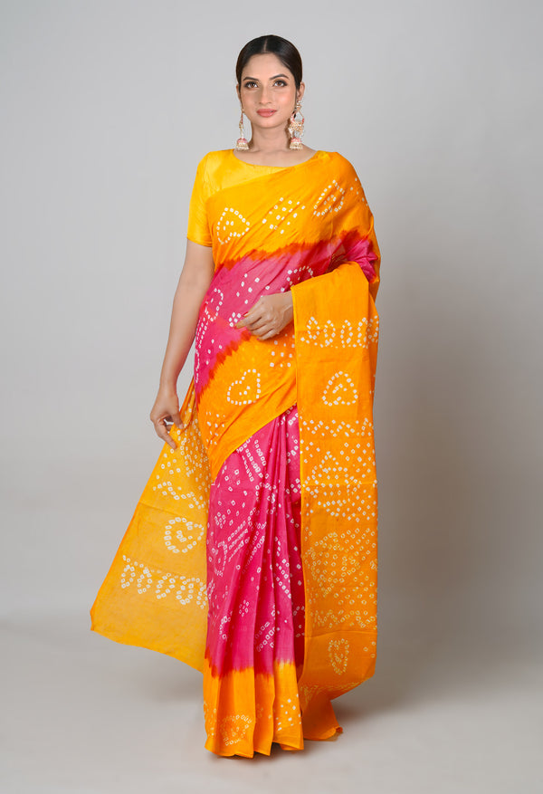 Pink-Orange Pure  Bandhani Cotton Saree-UNM73833