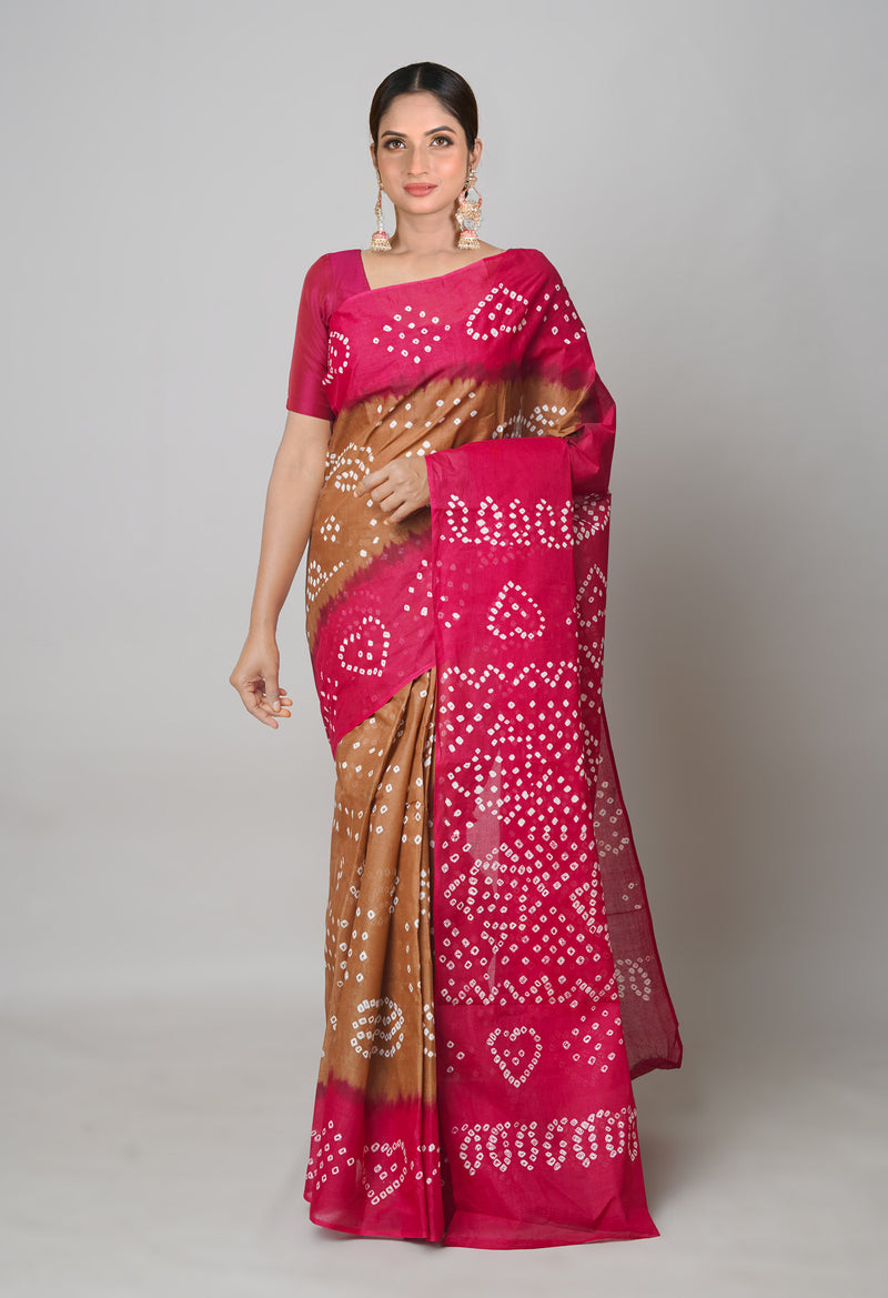 BrownDark Maroon Pure  Bandhani Cotton Saree-UNM73834