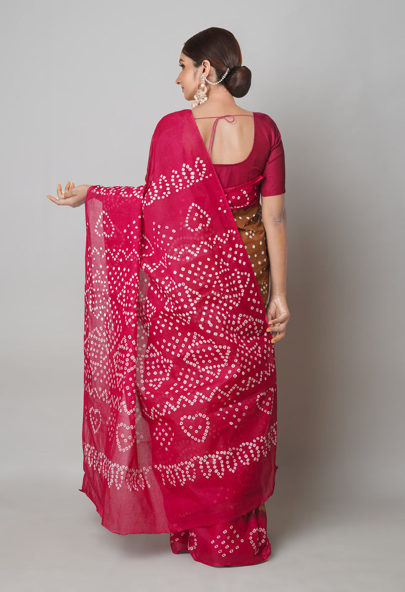 BrownDark Maroon Pure  Bandhani Cotton Saree-UNM73834