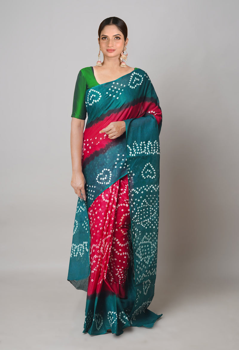 Red-Green Pure  Bandhani Cotton Saree-UNM73837