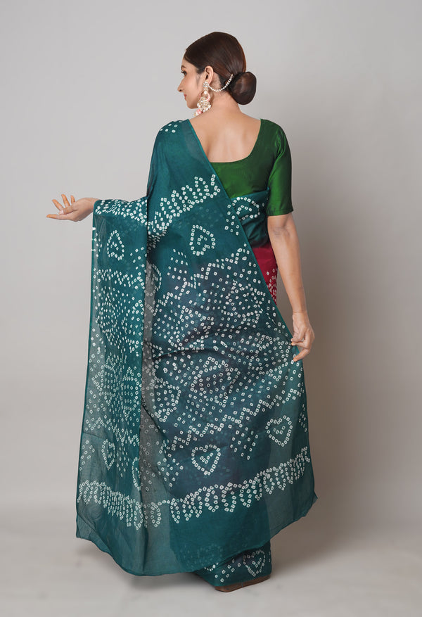 Red-Green Pure  Bandhani Cotton Saree-UNM73837