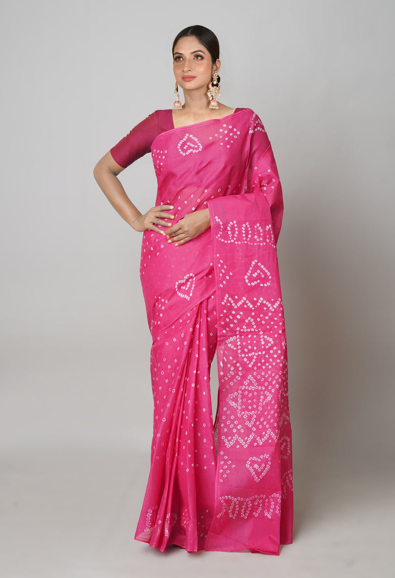 Pink-Pink Pure  Bandhani Cotton Saree-UNM73838