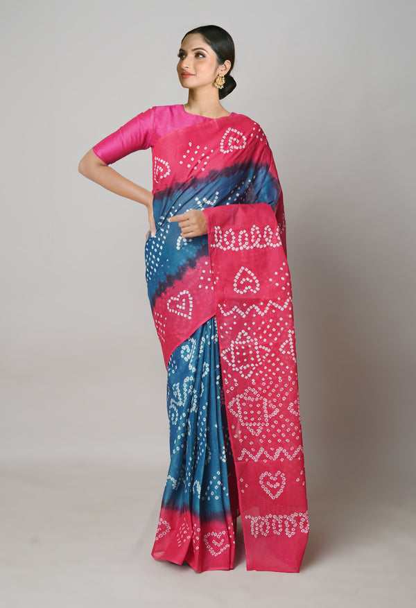 Peacock BluePeach Red Pure  Bandhani Cotton Saree-UNM73840