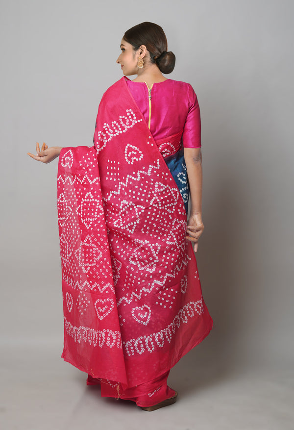 Peacock BluePeach Red Pure  Bandhani Cotton Saree-UNM73840