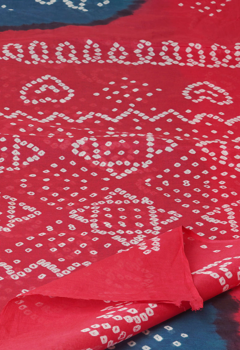 Peacock BluePeach Red Pure  Bandhani Cotton Saree-UNM73840