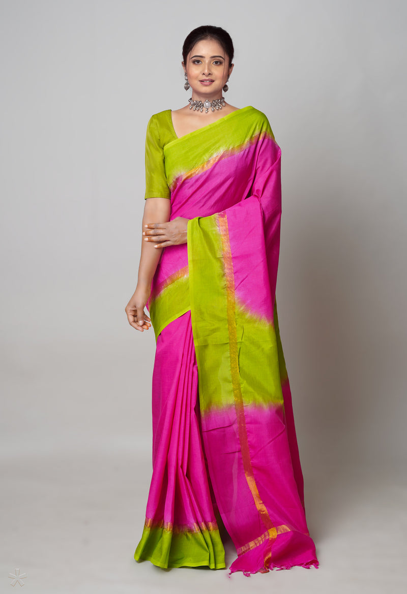 Pink-Parrot Green  Mangalagiri Soft Silk Saree-UNM73842