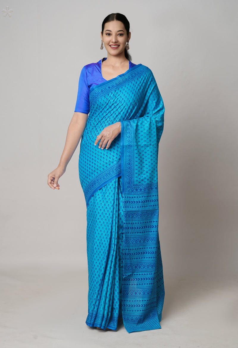 Blue Pure  Block Printed Superfine Mulmul Cotton Saree-UNM73849