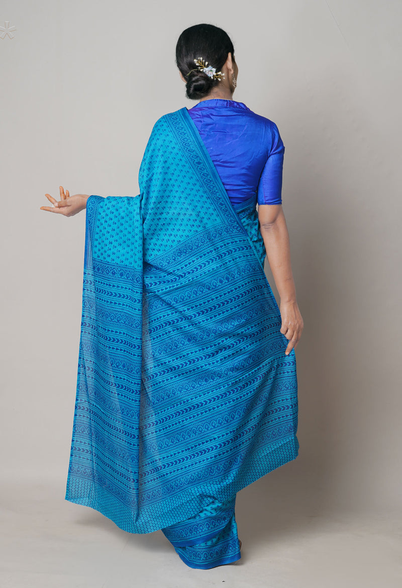 Blue Pure  Block Printed Superfine Mulmul Cotton Saree-UNM73849
