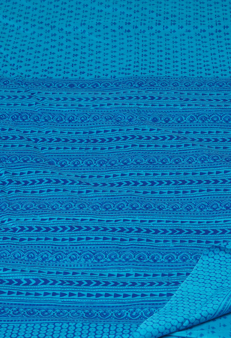 Blue Pure  Block Printed Superfine Mulmul Cotton Saree-UNM73849