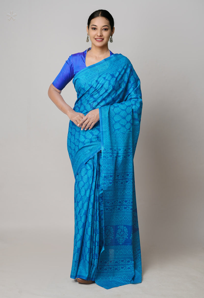 Blue Pure  Block Printed Superfine Mulmul Cotton Saree-UNM73857