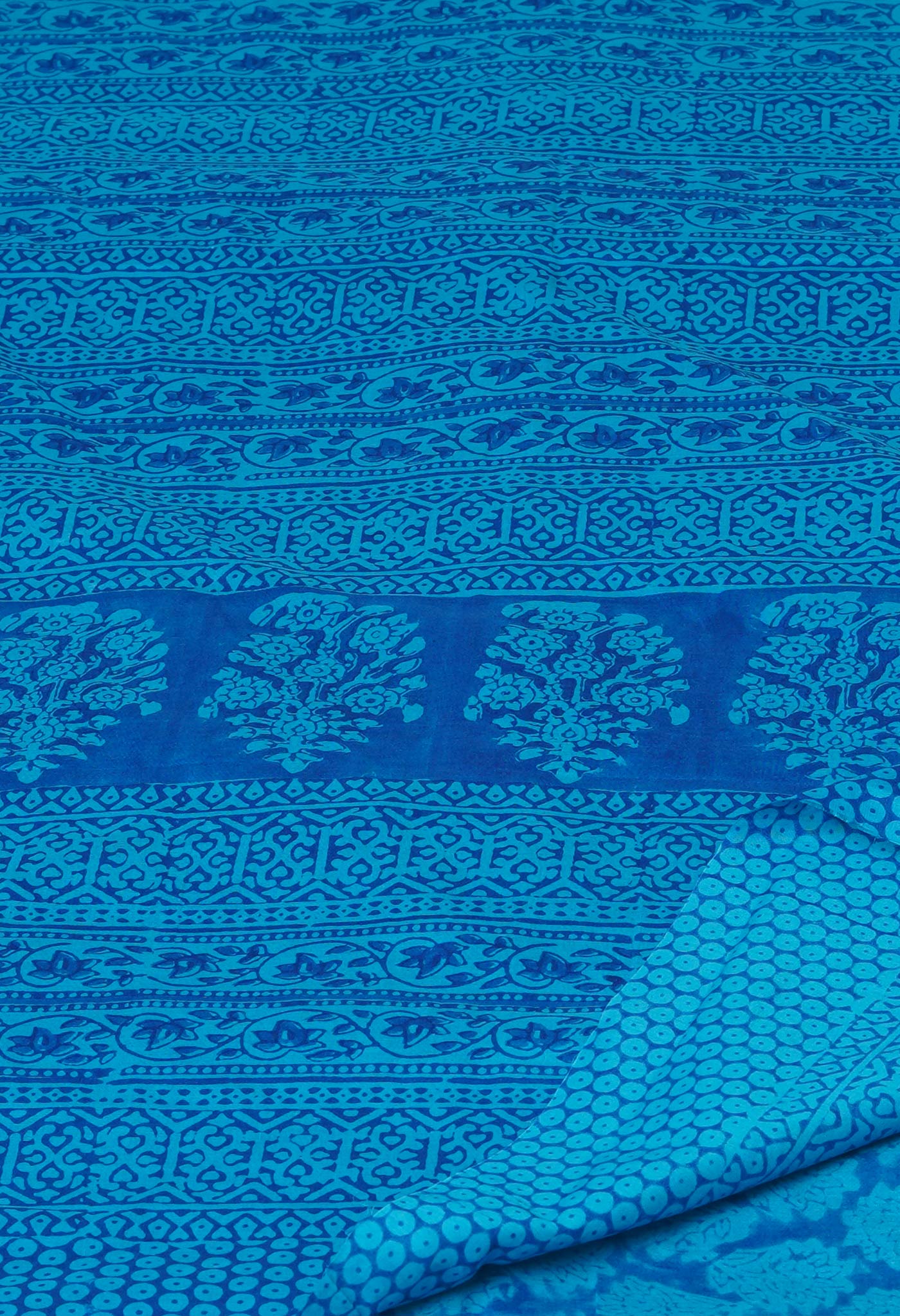 Blue Pure Block Printed Superfine Mulmul Cotton Saree
