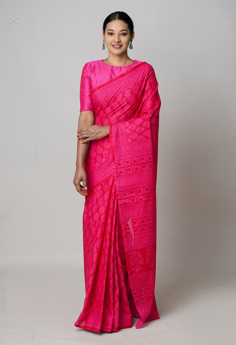 Pink Pure  Block Printed Superfine Mulmul Cotton Saree-UNM73858