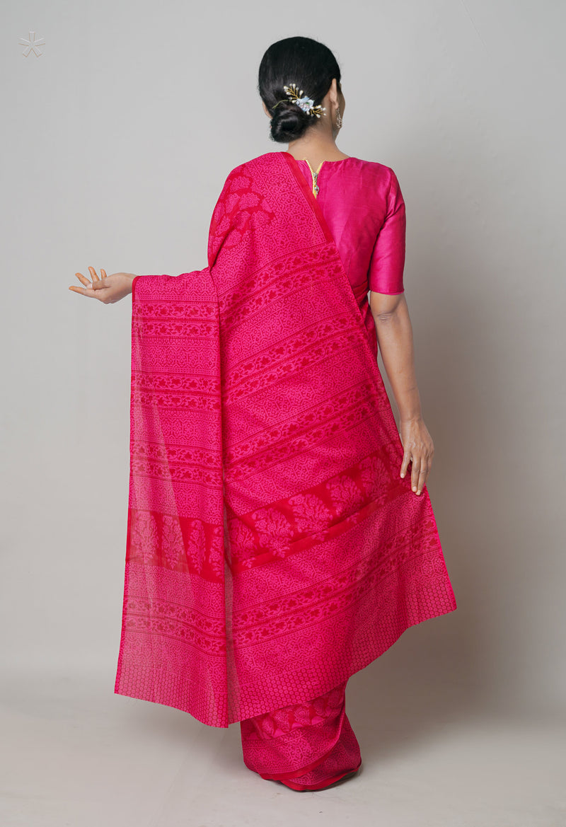 Pink Pure  Block Printed Superfine Mulmul Cotton Saree-UNM73858