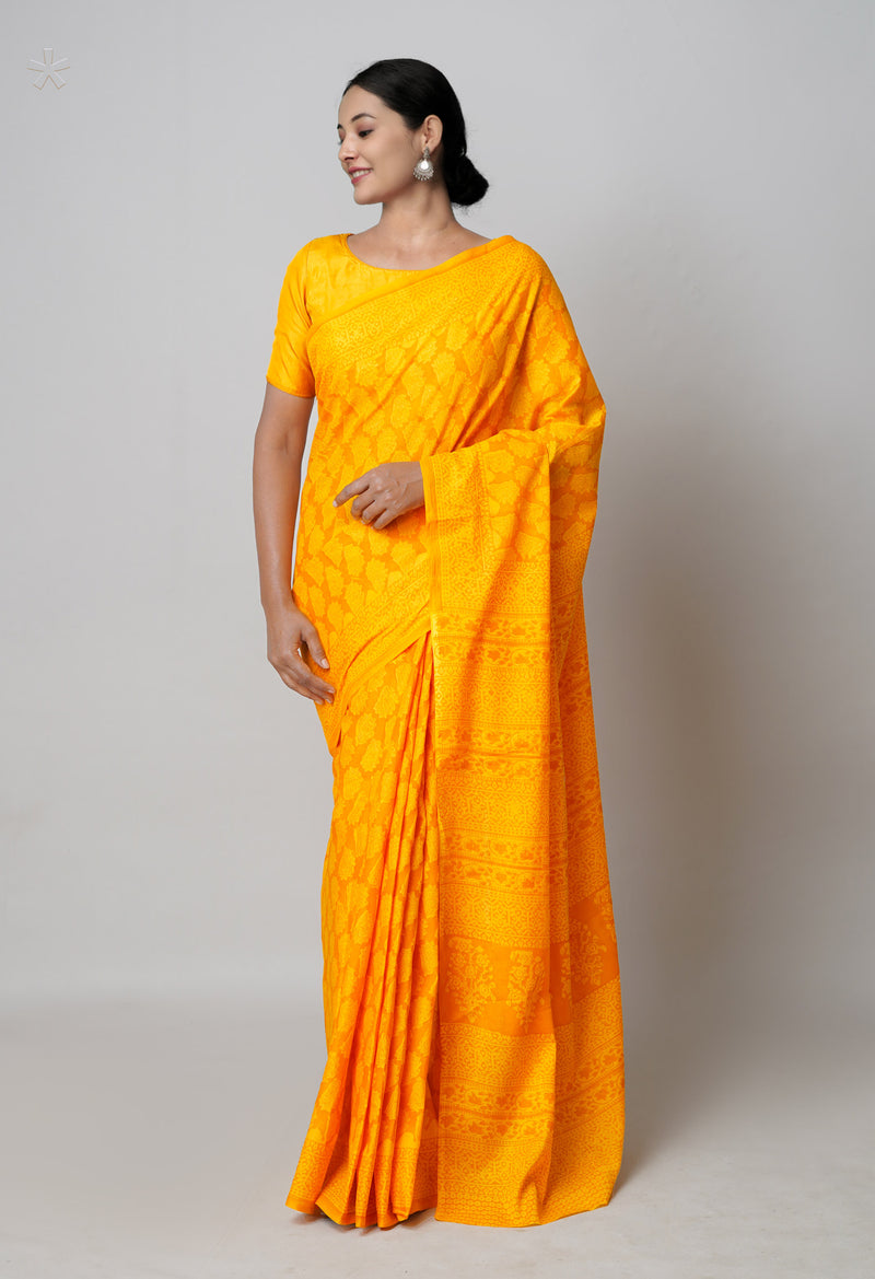 Yellow Pure  Block Printed Superfine Mulmul Cotton Saree-UNM73859