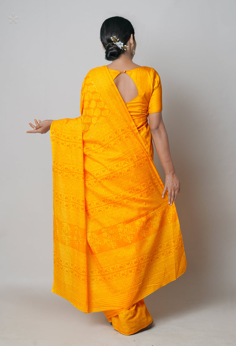 Yellow Pure  Block Printed Superfine Mulmul Cotton Saree-UNM73859