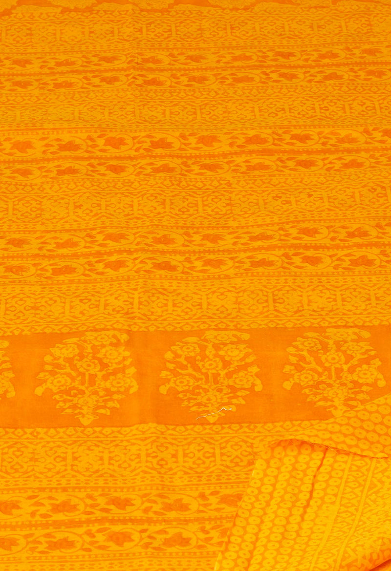 Yellow Pure  Block Printed Superfine Mulmul Cotton Saree-UNM73859