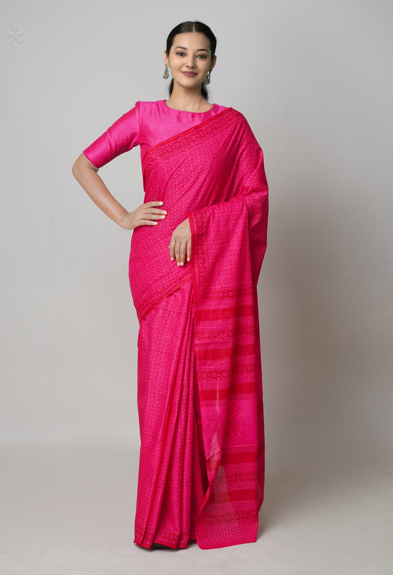 Pink Pure  Block Printed Superfine Mulmul Cotton Saree-UNM73862