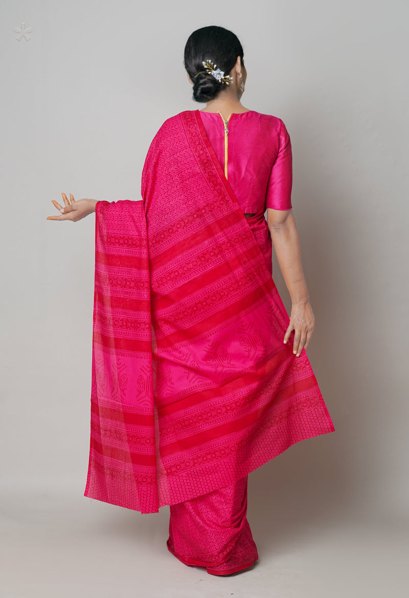 Pink Pure  Block Printed Superfine Mulmul Cotton Saree-UNM73862