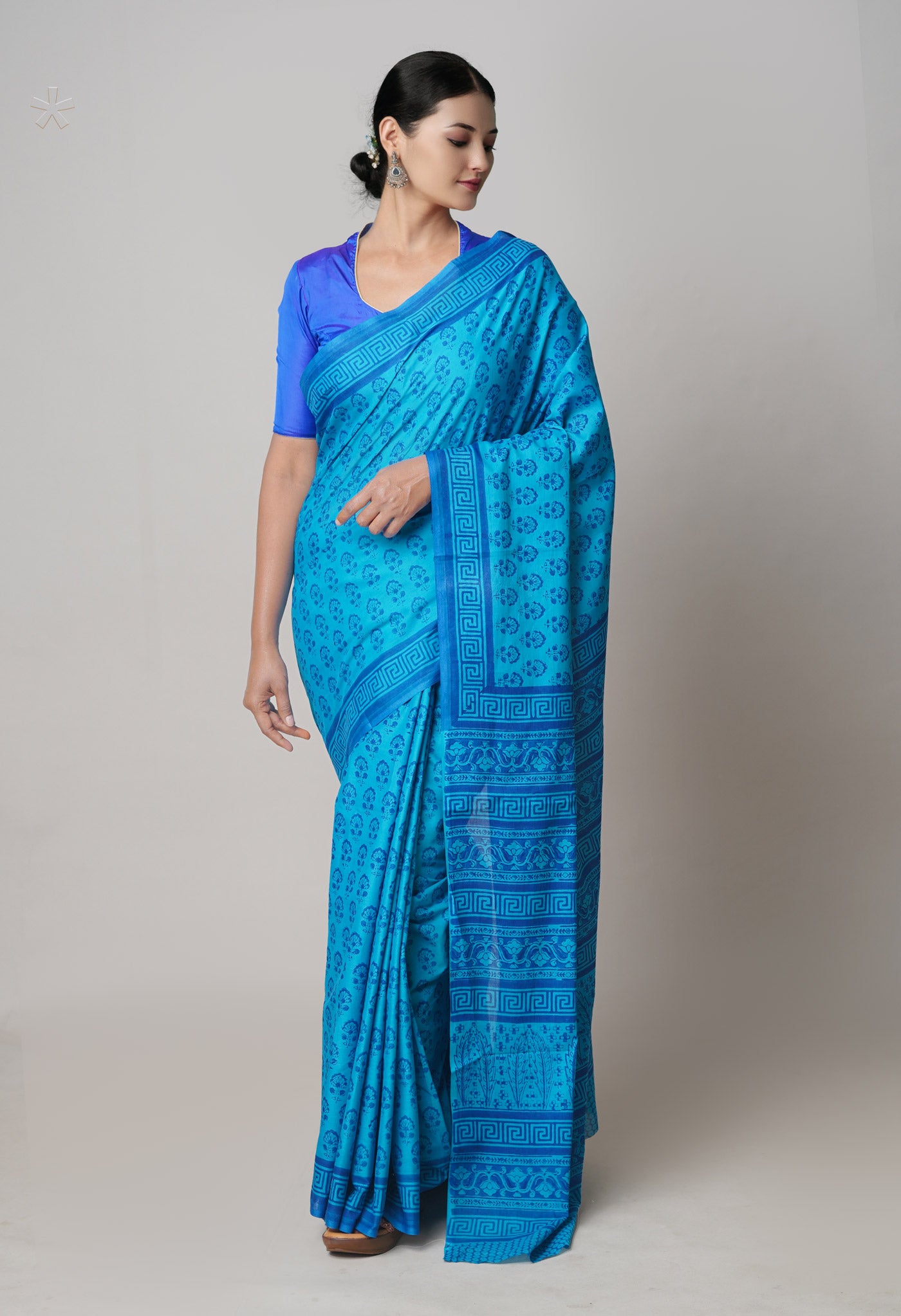 Blue Pure  Block Printed Superfine Mulmul Cotton Saree-UNM73863