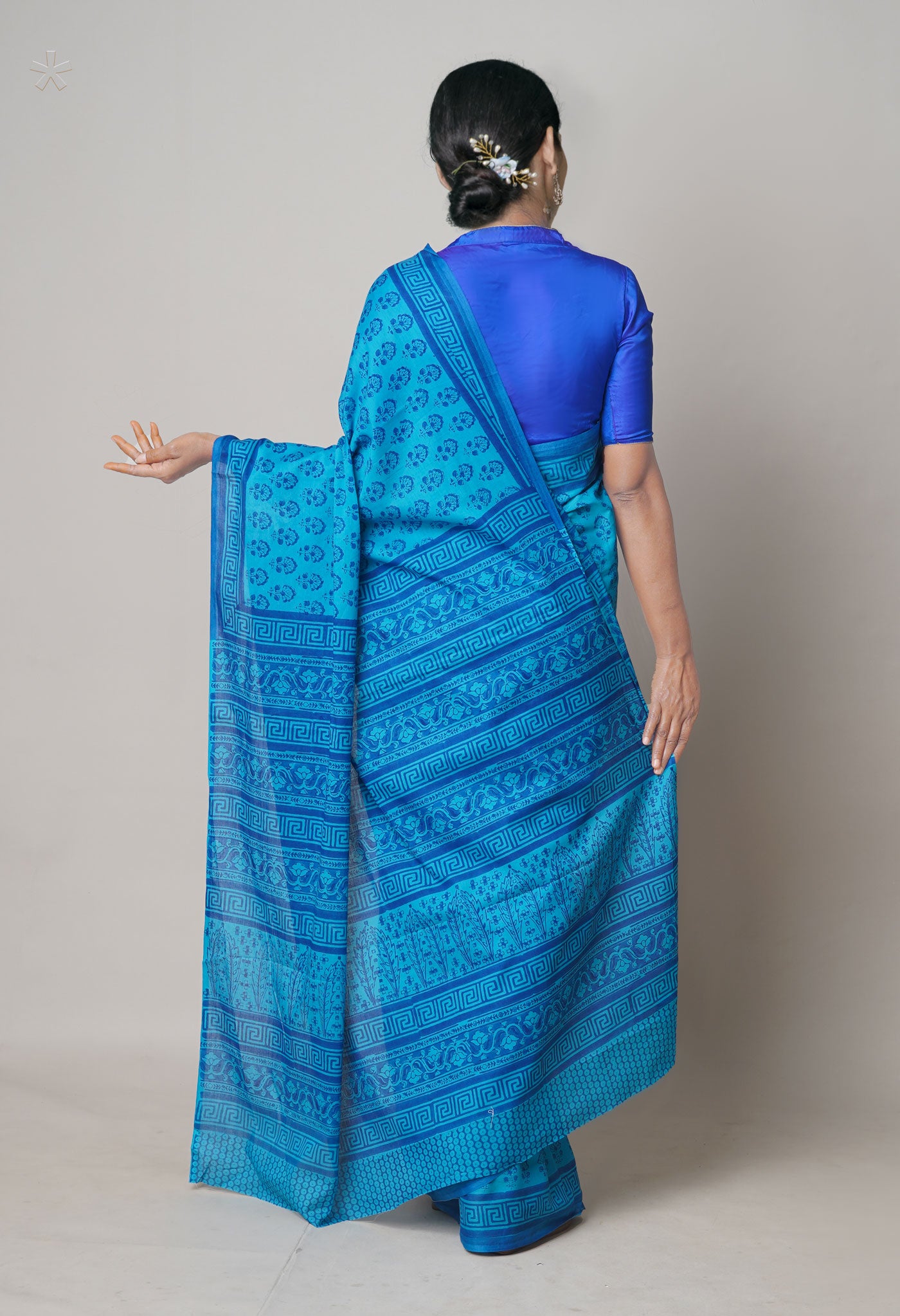 Blue Pure  Block Printed Superfine Mulmul Cotton Saree-UNM73863