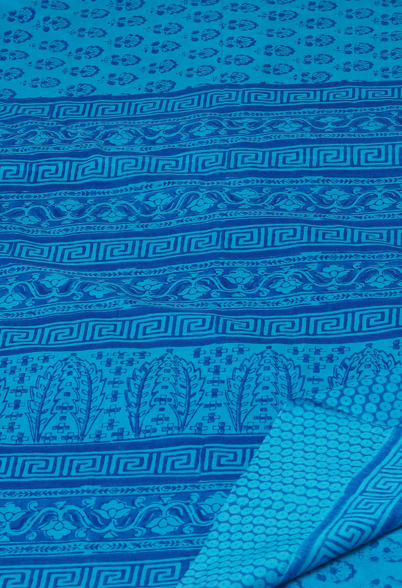 Blue Pure  Block Printed Superfine Mulmul Cotton Saree-UNM73863
