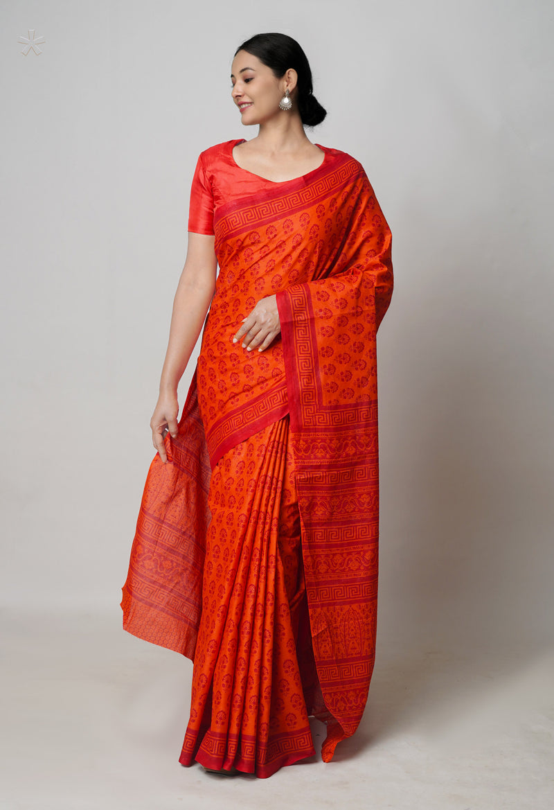 Red Pure  Block Printed Superfine Mulmul Cotton Saree-UNM73864