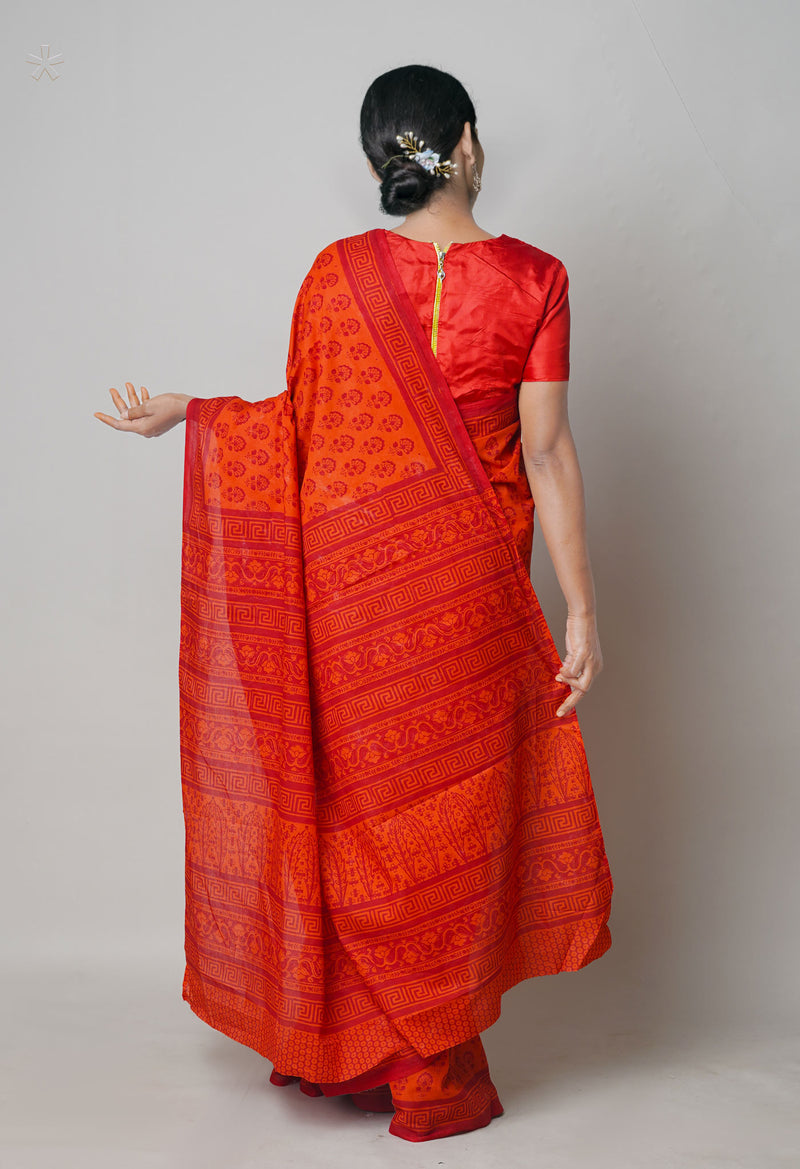 Red Pure  Block Printed Superfine Mulmul Cotton Saree-UNM73864